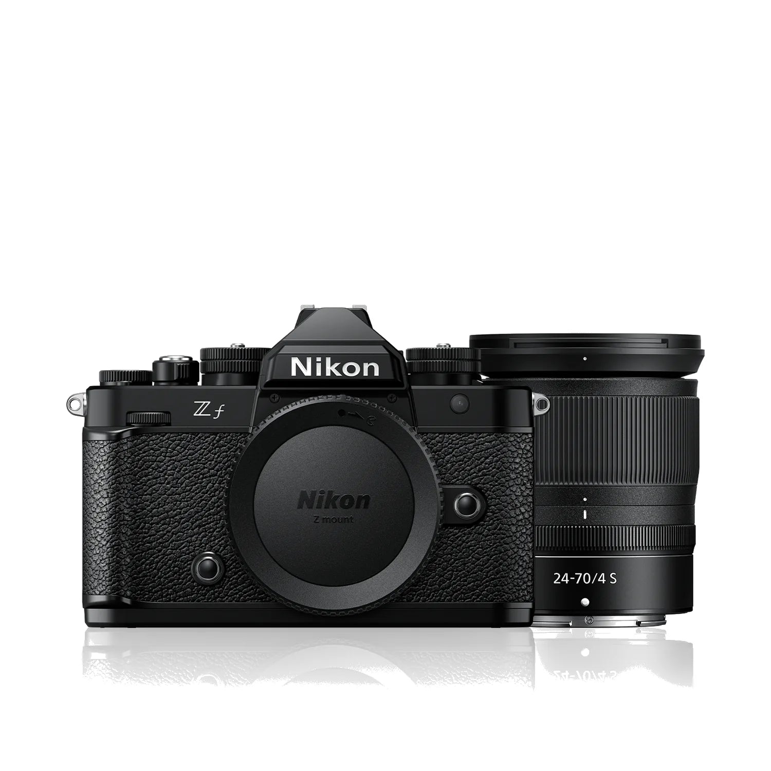 Black Nikon Zf mirrorless camera with attached 24-70mm f/4 S lens, front view